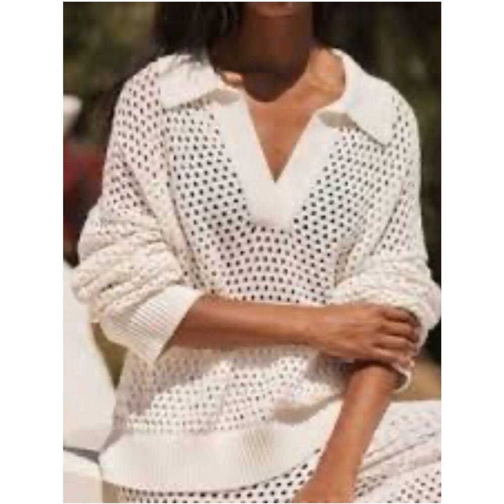 Aerie Open Knit Polo Sweater Ivory Long Sleeve Oversized Crochet Beach Cover S